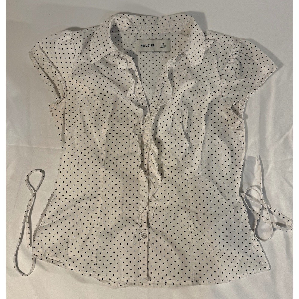 Hollister Polka Dot Ruffle Button Down Top Cap Sleeve Tie Waist White Navy XS